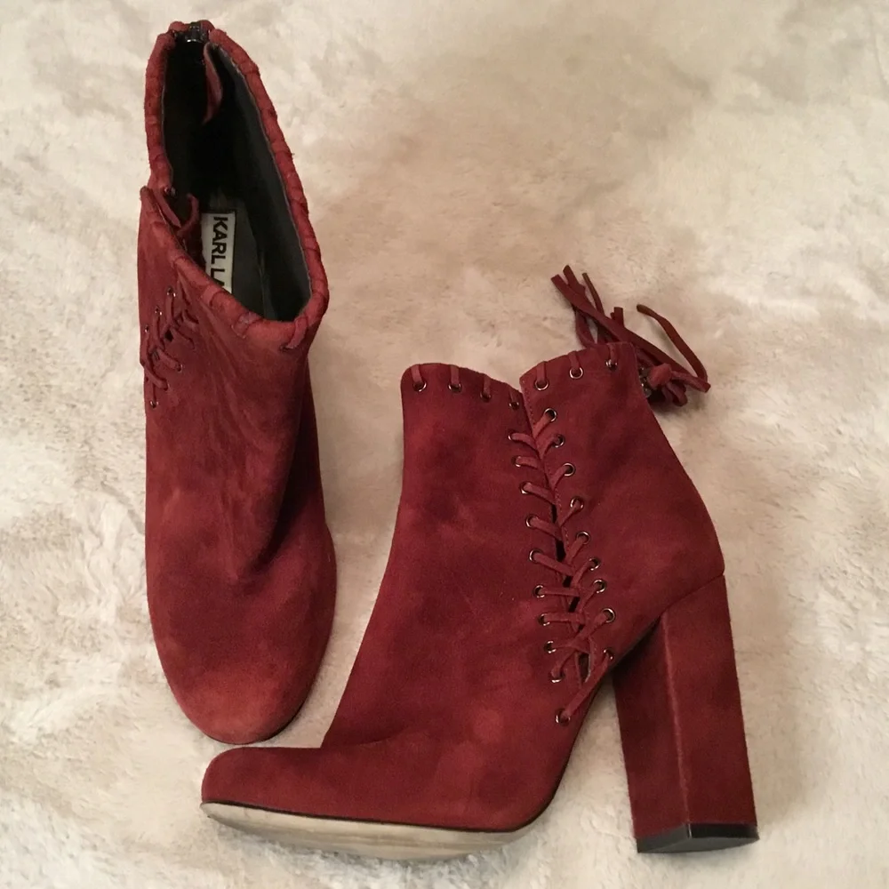 Karl Lagerfeld Sylvia Burgundy Red Chunky Heel Suede Ankle Boots Tassels - 6